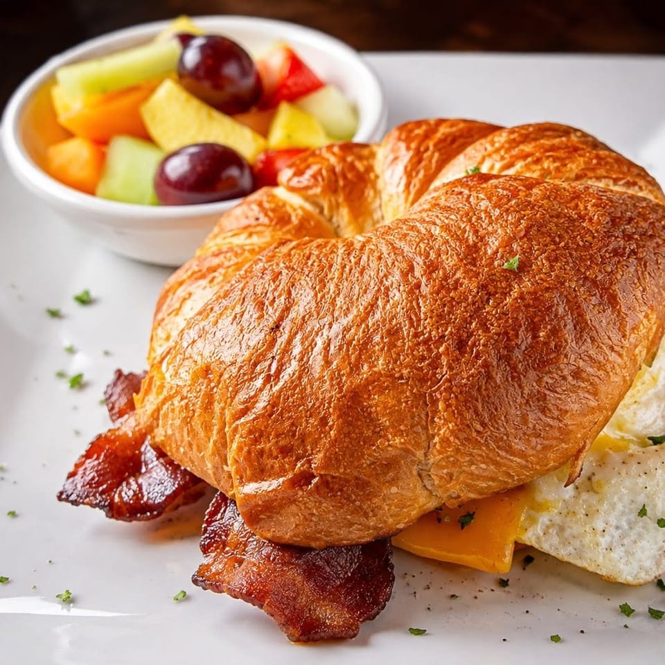 Bacon, egg and cheese croissant with fruit