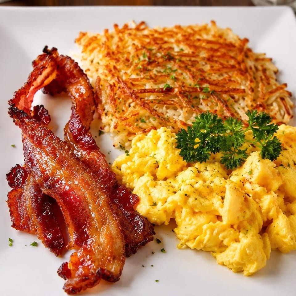 Scrambled eggs with bacon and hash browns