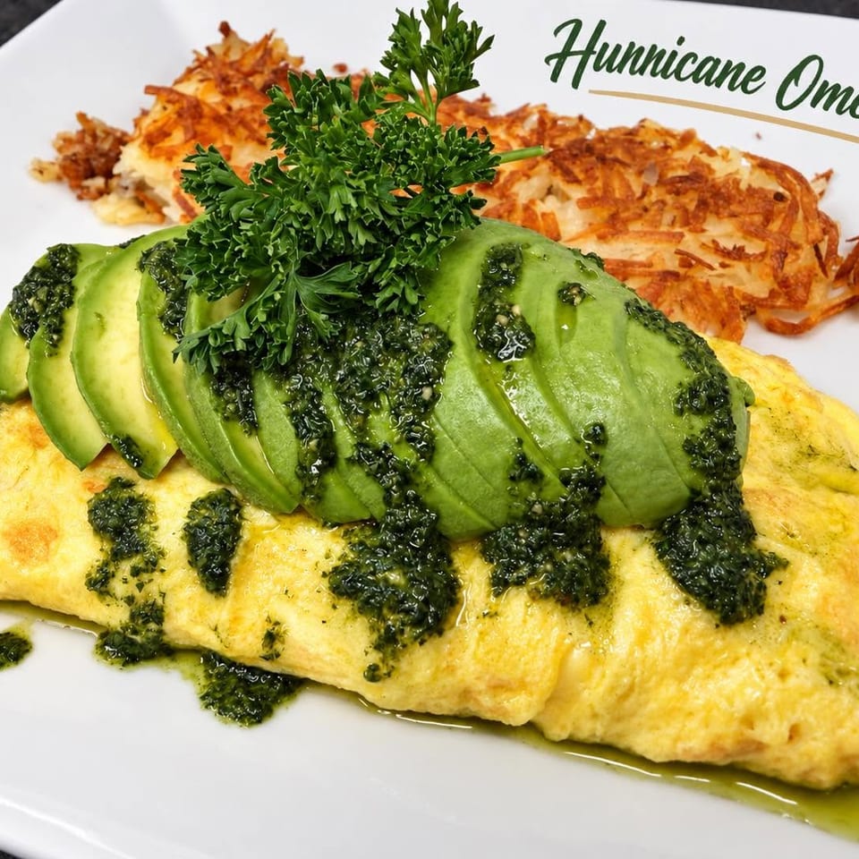 Hurricane omelette with avocado and hash browns